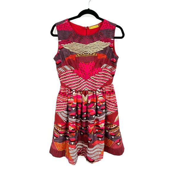 Anthropologie Dresses & Skirts - ANTHROPOLOGIE Pankaj & Nidhi Red Beige Embroidered Fit & Flare Mini Dress Size 4